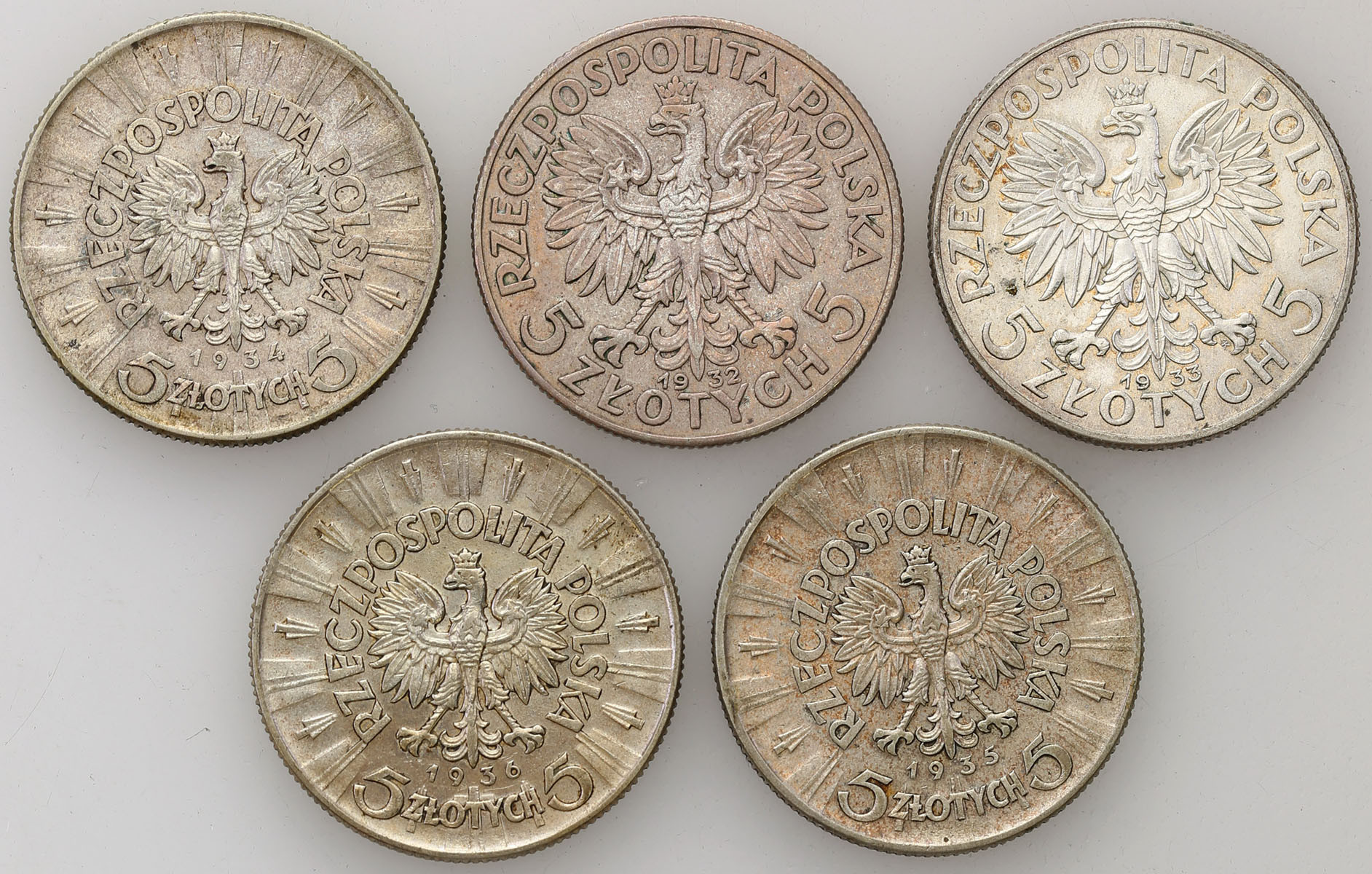 II RP. 5 złotych Piłsudski, głowa kobiety 1932-1936, zestaw 5 monet
